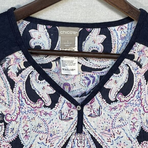 Chico's Shirt Women 1 (US M/8) Blue‎ Multicolor Print 3/4 Sleeve Linen C14 - Picture 2 of 12